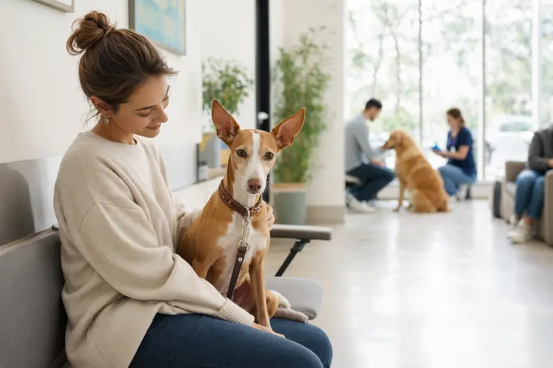 Ein Podenco Enano sitzt ruhig neben seinem Besitzer im hellen Wartezimmer einer modernen Tierarztpraxis.